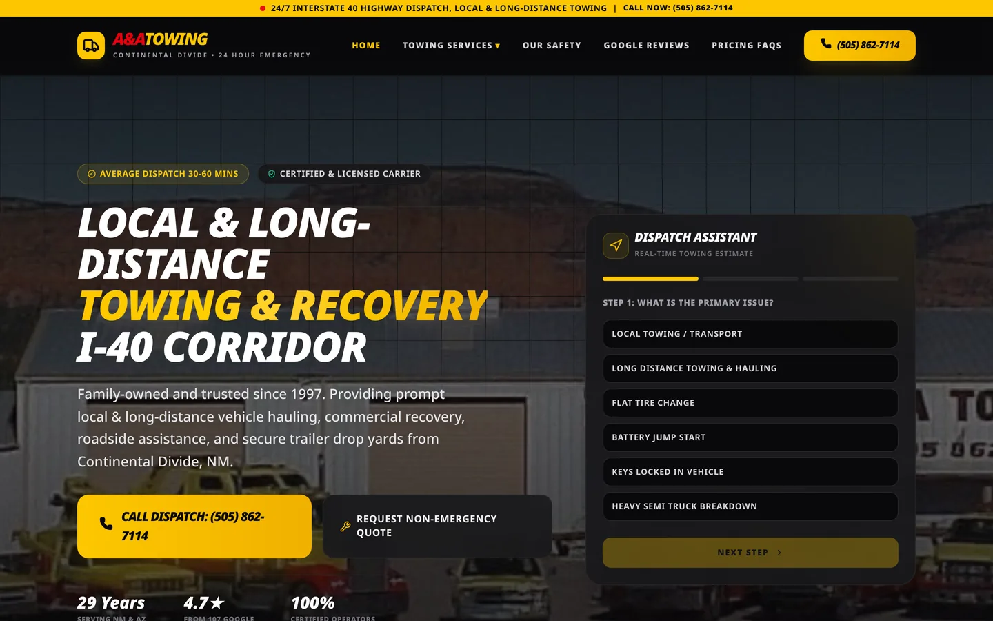 Homepage of A&A Towing, a-atowing.com